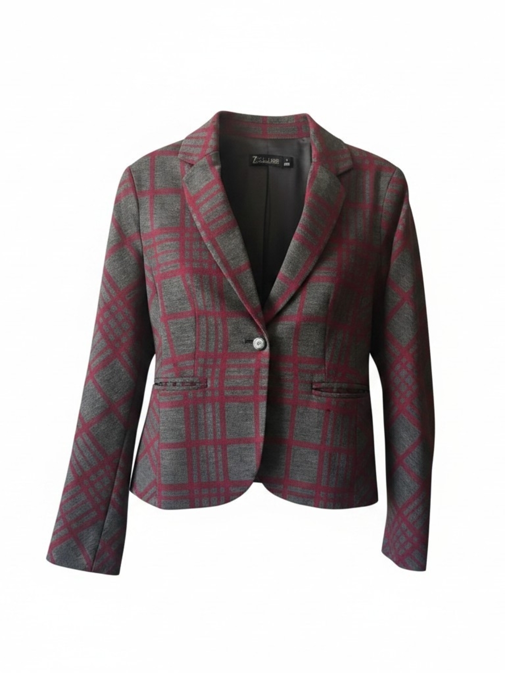 New York & Company Gray and Burgundy Plaid Single-Button Blazer